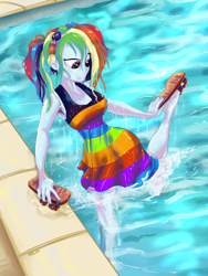 Size: 3600x4800 | Tagged: safe, artist:lytlethelemur, rainbow dash, human, equestria girls, g4, absurd resolution, alternate hairstyle, bare shoulders, clothes, commission, female, legs in the water, partially submerged, sandals, sleeveless, solo, standing, standing on one leg, swimming pool, wet, wet clothes, wet dress, wet hair