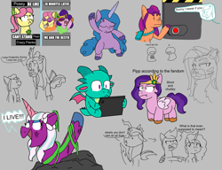 Size: 6500x5000 | Tagged: safe, artist:sketchyboi25, allura, discord, hitch trailblazer, izzy moonbow, misty brightdawn, opaline arcana, pipp petals, posey bloom, queen chrysalis, sparky sparkeroni, sunny starscout, zipp storm, oc, alicorn, changeling, changeling queen, draconequus, dragon, earth pony, pegasus, pony, unicorn, g5, spoiler:g5comic, changeling oc, changeling queen oc, doodle, gray background, horn, implied fluttershy, ipad, old man discord, pipp is chubby, pipp is short, real-time fandub, simple background, snapcube, speech bubble