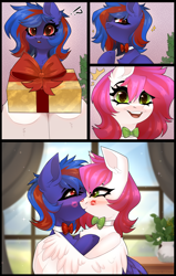 Size: 2345x3694 | Tagged: safe, artist:elektra-gertly, oc, oc only, oc:ellie berryheart, oc:redline lightwing, pegasus, pony, duo, exclamation point, house plant, implied kissing, interrobang, kiss mark, lipstick, present, question mark, window