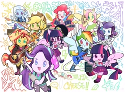 Size: 5280x3910 | Tagged: safe, artist:禾刀一木, applejack, fluttershy, pinkie pie, rainbow dash, rarity, sci-twi, starlight glimmer, sunset shimmer, trixie, twilight sparkle, human, equestria girls, g4, acoustic guitar, belt, boots, clothes, cowboy boots, cowboy hat, drums, electric guitar, guitar, hat, humane five, humane seven, humane six, jacket, keytar, microphone, musical instrument, ponied up, shirt, shoes, skirt, socks, tambourine, the rainbooms, twolight, vest