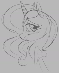 Size: 1158x1428 | Tagged: safe, artist:mushy, princess luna, alicorn, pony, g4, bust, female, folded wings, grayscale, horn, looking at you, mare, monochrome, smiling, solo, wings