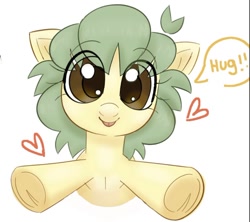 Size: 936x833 | Tagged: safe, artist:mushy, oc, oc only, oc:pea, earth pony, pony, dialogue, female, filly, floating heart, foal, heart, hooves out, hug request, incoming hug, looking at you, simple background, smiling, smiling at you, speech bubble, talking to viewer, tongue out, underhoof, white background