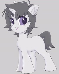 Size: 1636x2048 | Tagged: safe, artist:mushy, oc, oc only, pony, unicorn, butt freckles, freckles, gray background, horn, simple background, smiling, solo, tail, unicorn oc