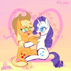 Size: 768x768 | Tagged: safe, artist:3lyk0r1, applejack, rarity, earth pony, pony, unicorn, g4, applejack's hat, cowboy hat, duo, duo female, female, gradient background, hat, heart, heart eyes, horn, lesbian, mare, ship:rarijack, shipping, wingding eyes