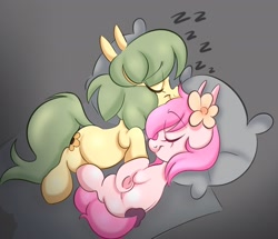 Size: 2048x1760 | Tagged: safe, artist:mushy, oc, oc:kayla, oc:pea, earth pony, pony, cuddling, duo, duo female, earth pony oc, eyes closed, female, filly, flower, flower in hair, foal, gift art, lying down, onomatopoeia, pillow, sleeping, smiling, sound effects, tail, underhoof, zzz