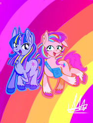 Size: 828x1104 | Tagged: safe, artist:3lyk0r1, sunny starscout, twilight sparkle, earth pony, pony, unicorn, g5, alternate hairstyle, chest fluff, coat markings, duo, duo female, female, horn, mane stripe sunny, mare, socks (coat markings), sunny and her heroine, sunny's bag, unicorn twilight, unshorn fetlocks