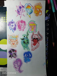 Size: 762x1016 | Tagged: safe, artist:3lyk0r1, applejack, cozy glow, fluttershy, grogar, king sombra, lord tirek, pinkie pie, queen chrysalis, rainbow dash, rarity, starlight glimmer, twilight sparkle, centaur, changeling, changeling queen, earth pony, pegasus, pony, unicorn, taur, g4, bust, female, filly, foal, horn, male, mane six, mare, s5 starlight, stallion, traditional art