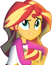 Size: 1804x2212 | Tagged: safe, edit, edited screencap, screencap, sunset shimmer, human, equestria girls, g4, my little pony equestria girls: legend of everfree, background removed, camp everfree logo, camp everfree outfits, campfire, clothes, ears, eyebrows, eyelashes, female, hair, lighting, nose, not a vector, raised eyebrow, shadow, shirt, simple background, solo, teeth, transparent background, turquoise eyes