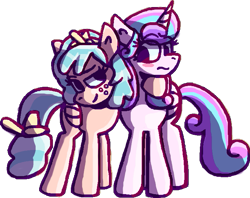 Size: 709x561 | Tagged: safe, artist:rosa ushiromiya, cozy glow, princess flurry heart, alicorn, pegasus, pony, g4, blushing, digital art, duo, duo female, female, hug, lesbian, looking at each other, looking at someone, older, older cozy glow, older flurry heart, raised hoof, ship:cozyheart, shipping, simple background, standing, transparent background