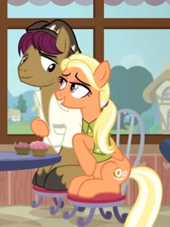 Size: 1082x1440 | Tagged: safe, screencap, mane allgood, snap shutter, earth pony, pegasus, pony, g4, season 9, the last crusade, chair, cropped, cuddling, duo, duo male and female, female, flirting, indoors, male, mare, sitting, stallion, table, window