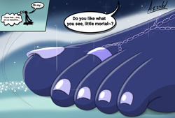 Size: 3069x2078 | Tagged: safe, artist:az12lol, princess luna, alicorn, human, pony, anthro, plantigrade anthro, g4, barefoot, barefoot sandals, barefooting, big feet, blushing, dream realm, drool, drool string, feet, female, fetish, foot fetish, foot focus, foot worship, giant alicorn, giant anthro, giantess, giantess size difference, goddess, humanized, jewelry, macro, male, mega giant, mega luna, micro, nail polish, size comparison, size difference, soles, solo, toe ring, toenail polish, toenails, toes