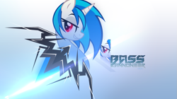 Size: 897x504 | Tagged: dead source, safe, artist:internationaltck, artist:mikoyanx, dj pon-3, vinyl scratch, pony, unicorn, g4, 2012, gradient background, horn, lidded eyes, red eyes, smiling, solo, wallpaper