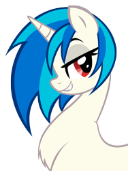 Size: 4500x6000 | Tagged: safe, artist:fluffomaru, artist:internationaltck, dj pon-3, vinyl scratch, pony, unicorn, g4, 2012, chest fluff, horn, lidded eyes, red eyes, simple background, smiling, solo, transparent background, vector, wrong eye color