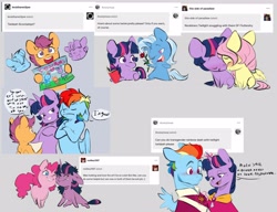 Size: 4096x3151 | Tagged: safe, artist:chub-wub, fluttershy, pinkie pie, rainbow dash, scootaloo, trixie, twilight sparkle, earth pony, pegasus, pony, unicorn, g4, ask, badge, bangs, beard, blue coat, blue eyes, blue mane, blue tail, blushing, chest fluff, chibi, clothes, colored, colored sketch, crossed hooves, curly mane, curly tail, cute, cutealoo, dialogue, drawing, evil twilight, eyebrows, eyebrows visible through hair, eyelashes, eyes closed, facial hair, female, flat colors, flirting, flower, frown, glowing, glowing horn, gray background, hatching (technique), holding, hoof hold, horn, kneeling, lesbian, lidded eyes, looking away, lying down, magic, male, mare, messy mane, messy tail, missing cutie mark, multicolored hair, multicolored mane, no pupils, nonbinary, nudging, nuzzling, on one knee, one eye closed, open mouth, open smile, orange coat, partially open wings, pink mane, pink tail, prone, purple coat, purple eyes, purple mane, rainbow hair, raised eyebrow, red eyes, requested art, rose, scootadoption, ship:twidash, ship:twinkie, ship:twishy, ship:twixie, shipping, short mane twilight sparkle, simple background, sitting, sketch, smiling, speech bubble, tail, talking, telekinesis, text, three toned mane, trans male, trans rainbow dash, trans twilight sparkle, transgender, tumblr, twilight sparkle is not amused, two toned mane, two toned tail, unamused, unicorn twilight, uniform, wall of tags, wings, wink, yellow coat