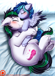 Size: 2678x3701 | Tagged: safe, artist:pridark, oc, oc only, oc:jewel blue, oc:sil feather, pegasus, pony, unicorn, duo, forehead kiss, horn, kissing, pegasus oc, unicorn oc