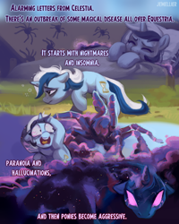 Size: 1298x1620 | Tagged: safe, artist:jewellier, part of a set, minuette, pony, spider, unicorn, series:ask flurry heart, g4, arachnophobia, ask, comic, english, female, horn, implied princess celestia, implied shining armor, infection au, mare, mlp art ask (ru), nightmare, text, translation