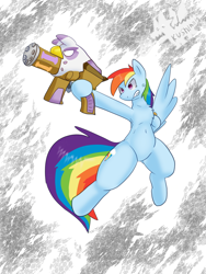 Size: 1200x1600 | Tagged: safe, artist:kushina13, gilda, rainbow dash, pegasus, pony, g4, abstract background, armpits, belly, belly button, chest fluff, collarbone, female, flying, gun, gunified, hoof hold, inanimate tf, mare, ribcage, solo, subverted meme, super sentai, transformation, weapon