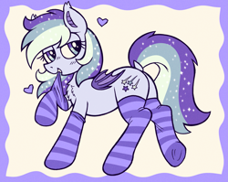 Size: 3877x3089 | Tagged: safe, artist:catponything, oc, oc only, oc:wisty starshine, bat pony, pony, bat wings, biting, blue eyes, blue mane, blue tail, blush lines, blushing, butt, chest fluff, clothes, commission, dock, ear fluff, female, floating heart, folded wings, heart, lidded eyes, looking back, mare, multicolored eyes, multicolored hair, multicolored mane, multicolored tail, plot, purple eyes, purple mane, purple tail, purple wings, sock biting, socks, solo, sparkly mane, sparkly tail, striped socks, tail, wings, ych result