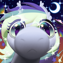 Size: 3000x3000 | Tagged: safe, alternate character, alternate version, artist:rrd-artist, oc, oc only, oc:wisty starshine, bat pony, pony, :<, behaving like a cat, blushing, close-up, commission, crescent moon, cute, ear fluff, eyelashes, foreshortening, heart, heart eyes, horizon, looking at you, moon, multicolored eyes, multicolored mane, night, night sky, purple eyes, purple mane, sky, snoot, snout, solo, space, sparkles, sparkly mane, stars, teal eyes, teal mane, ufo, white coat, wingding eyes, ych result, yellow eyes, yellow mane