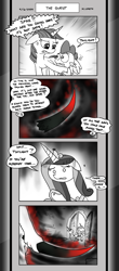 Size: 1451x3300 | Tagged: safe, artist:loreto-arts, princess cadance, spike, twilight sparkle, alicorn, pony, comic:friendship is innuendo, comic:friendship is innuendo vol. 2, g4, colored horn, curved horn, disembodied horn, horn, neo noir, partial color, sombra's horn, twilight sparkle (alicorn), winged spike, wings