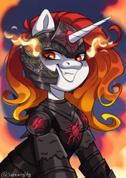 Size: 3508x4960 | Tagged: safe, artist:serenitysky, oc, oc:solar storm, pony, unicorn, armor, commission, female, fire, horn, mare, solo