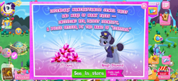 Size: 1620x747 | Tagged: safe, gameloft, idw, officer fluffles, rarity, rough diamond, earth pony, pony, unicorn, g4, my little pony: magic princess, advertisement, clothes, costs real money, disguise, english, female, game screencap, gem, horn, introduction card, mare, mobile game, numbers, police, police officer, sale, text