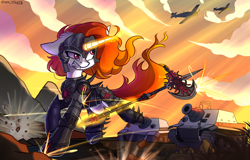 Size: 3000x1925 | Tagged: safe, artist:yuris, oc, oc:solar storm, pony, unicorn, equestria at war mod, armor, armored pony, axe, bullet, commission, explosion, field, floppy ears, fragments, frog (hoof), grin, halberd, horn, looking back, macro, magic, mountain, outdoors, plane, ricochet, shooting, smiling, solar empire, solo, spear, tank (vehicle), telekinesis, underhoof, weapon