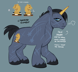 Size: 2336x2172 | Tagged: safe, artist:gorjee-art, oc, oc only, oc:crooked gambit, earth pony, pony, blue background, fake horn, frown, lidded eyes, male, name, scar, simple background, solo, stallion, text, unshorn fetlocks