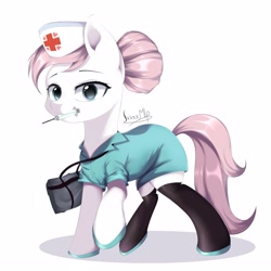 Size: 2500x2500 | Tagged: safe, artist:jxxnxmlp, nurse redheart, earth pony, pony, g4, clothes, female, high res, looking at you, mare, mouth hold, scrubs (gear), signature, simple background, solo, stockings, syringe, thigh highs, white background