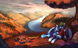 Size: 4459x2760 | Tagged: safe, artist:foxpit, oc, oc only, oc:leo hawk, oc:swordy, earth pony, pegasus, pony, couple, duo, duo male, gay, hat, hug, male, outdoors, romantic, scenery, stallion, wings