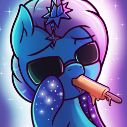 Size: 3000x3000 | Tagged: safe, artist:magician-horse, comet (g5), auroricorn, pony, g5, food, hoof on cheek, jewelry, male, popsicle, solo, stallion, suggestive eating, sunglasses, tongue out