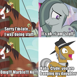 Size: 1024x1024 | Tagged: safe, artist:vectorizedunicorn, edit, edited screencap, screencap, igneous rock pie, marble pie, trouble shoes, pony, g4, caption, comic, dialogue, female, male, meme, ponified meme, screencap comic, ship:marbleshoes, shipping, straight, text, trio, you are banging my daughter