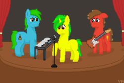 Size: 576x384 | Tagged: safe, artist:valuable ashes, oc, oc only, oc:resin, oc:technical writings, oc:valuable ashes, earth pony, pegasus, pony, unicorn, rainbow rocks 10th anniversary, digital art, electric guitar, guitar, horn, keyboard, male, microphone, microphone stand, musical instrument, pixel art, stage, trio