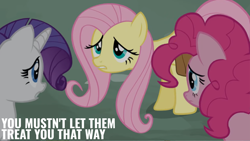 Size: 2000x1125 | Tagged: safe, edit, edited screencap, editor:quoterific, screencap, fluttershy, pinkie pie, rarity, earth pony, pegasus, pony, unicorn, g4, putting your hoof down, season 2, caption, female, horn, text, trio, trio female