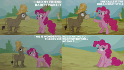 Size: 2000x1125 | Tagged: safe, edit, edited screencap, editor:quoterific, screencap, cranky doodle donkey, pinkie pie, donkey, earth pony, pony, a friend in deed, g4, season 2, bipedal, caption, duo, duo male and female, female, male, mare, mirror, text, toupee