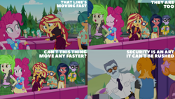 Size: 2000x1125 | Tagged: safe, edit, edited screencap, editor:quoterific, screencap, cherry crash, desert sage, garden grove, max steele, micro chips, paisley, pinkie pie, scribble dee, sunset shimmer, valhallen, wallflower blush, human, equestria girls, equestria girls specials, g4, my little pony equestria girls: sunset's backstage pass, dialogue, queue