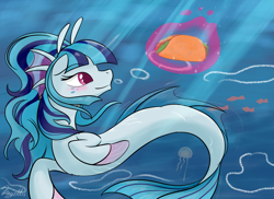 Size: 3349x2444 | Tagged: safe, artist:rayelli, derpibooru exclusive, sonata dusk, fish, jellyfish, seapony (g4), rainbow rocks 10th anniversary, g4, blushing, bubble, cute, female, fin, fin ears, fins, fish tail, flowing mane, flowing tail, food, gem, magic, ocean, open mouth, open smile, seaponified, seapony sonata dusk, smiling, solo, sonatabetes, sonataco, species swap, swimming, taco, tail, telekinesis, that siren sure does love tacos, underwater, water