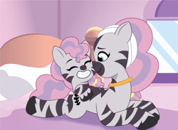 Size: 2046x1501 | Tagged: safe, artist:prixy05, mariama, skye, zebra, g5, my little pony: tell your tale, bed, boop, braces, commission, commissioner:dragonpone, cute, duo, duo female, eyes closed, female, filly, foal, i can't believe it's not hasbro studios, idw showified, indoors, jewelry, lying down, mare, mother and child, mother and daughter, necklace, prone, smiling, wholesome