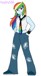 Size: 1704x3132 | Tagged: safe, artist:hayley566, rainbow dash, equestria girls, g4, 2000s, avril lavigne, clothes, commission, fashion, female, grin, jeans, midriff, multicolored hair, necktie, pants, rainbow hair, ripped jeans, ripped pants, shoes, simple background, smiling, solo, spiked wristband, tank top, tomboy, torn clothes, transparent background, wristband