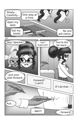 Size: 1732x2756 | Tagged: safe, artist:cybersquirrel, part of a set, sci-twi, sugarcoat, twilight sparkle, human, comic:take a seat miss sparkle, equestria girls, g4, clothes, comic, glasses, monochrome, part of a series, pencil, school uniform, speech bubble, text