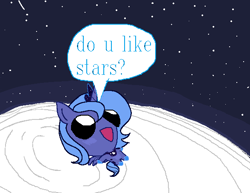 Size: 588x454 | Tagged: safe, artist:daily_rarity, princess luna, alicorn, pony, g4, do u like stars?, female, lonely, mare, meme, moon, open mouth, ponified meme, s1 luna, solo, space, stars