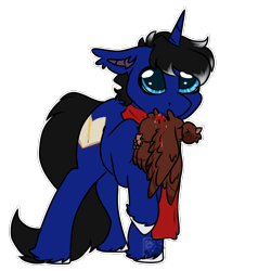 Size: 768x768 | Tagged: safe, artist:fluffyghost, oc, oc only, oc:night reader, bat pony, hybrid, unicorn, bat pony oc, behaving like a cat, blood, clothes, commission, dead bird, horn, hybrid oc, male, pleading eyes, scarf, simple background, solo, transparent background, unicorn oc