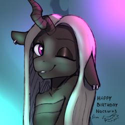 Size: 2000x2000 | Tagged: safe, artist:endelthepegasus, oc, oc only, oc:n0cturn3, changeling, birthday gift, ear piercing, gift art, gradient background, looking at you, piercing, solo