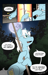 Size: 1600x2480 | Tagged: safe, artist:argent arms, oc, oc only, oc:argent arms, pony, unicorn, comic:foeslayer, blue coat, comic page, dramatic pose, female, filly, foal, foreshadowing, forest background, horn, mare in the moon, moon, night, night sky, sky, solo, speech bubble, stars, stick, turquoise eyes, unicorn oc, white mane