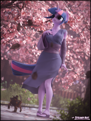 Size: 2880x3840 | Tagged: safe, artist:steamyart, sci-twi, twilight sparkle, dog, timber wolf, unicorn, anthro, plantigrade anthro, series:field research, g4, 3d, blender, cherry blossoms, clothes, detached sleeves, female, flower, flower blossom, glasses, horn, puppy, solo