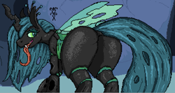 Size: 1347x717 | Tagged: safe, artist:damset, queen chrysalis, changeling, changeling queen, g4, butt, cave, crown, digital art, fangs, female, jewelry, long tongue, looking at you, ms paint, pixel art, plot, regalia, solo, tongue out