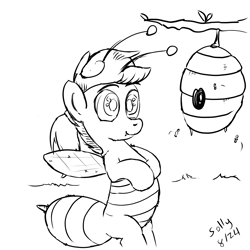 Size: 4960x4960 | Tagged: safe, artist:sollace, derpibooru exclusive, oc, oc only, oc:filly anon, bee, bee pony, hybrid, insect, original species, cute, female, filly, flying, foal, hive, monochrome, outdoors, simple background, solo, species swap, tree branch