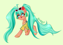 Size: 3689x2623 | Tagged: safe, artist:marihht, kotobukiya, earth pony, pony, blushing, bracelet, brazil, brazilian miku, clothes, female, flower, green background, hatsune miku, jewelry, kotobukiya hatsune miku pony, mare, necklace, open mouth, ponified, shirt, simple background, solo, sunglasses, sunglasses on head, t-shirt, vocaloid