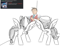 Size: 1888x1475 | Tagged: safe, artist:anonymous, edit, oc, oc only, oc:amber gleam, oc:sugar stamp, human, pegasus, pony, elements of justice, g4, ace attorney, apollo justice, butt, corner, cornered, female, hat, male, mare, pegasus oc, plot, ponytails, requested art, shipping, spread wings, straight, suggestive description, this will not end well, trio, trio male and female, wingboner, wings