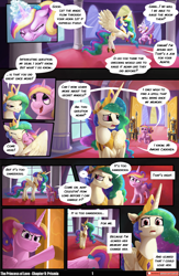 Size: 1280x1966 | Tagged: safe, artist:angusdra, artist:lummh, princess cadance, princess celestia, alicorn, pony, unicorn, comic:the princess of love, g4, butt, canterlot castle, comic, concave belly, crown, cute, cutedance, female, filly, filly cadance, foal, glowing, glowing horn, hoof shoes, horn, hug, indoors, jewelry, magic, male, mare, peytral, plot, princess shoes, regalia, royal guard, slender, speech bubble, stallion, thin, thought bubble, winghug, wings, younger